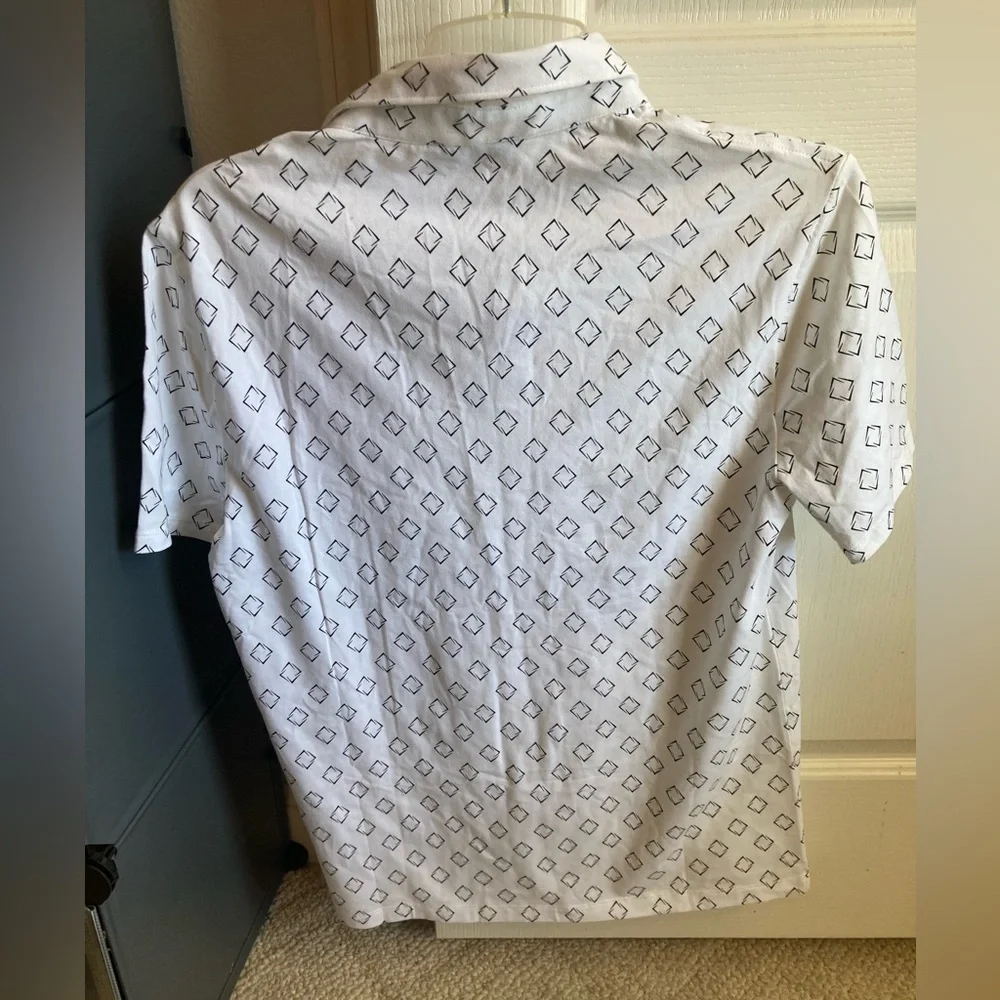 Express White Polo Shirt with Black Diamond Pattern - Picture 2 of 4